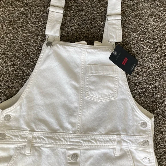 Levi's White Denim Overall Midi Dress Sz M Button Front Pinafore Levi's White Denim Overall Midi Dress Sz M Button Front Pinafore